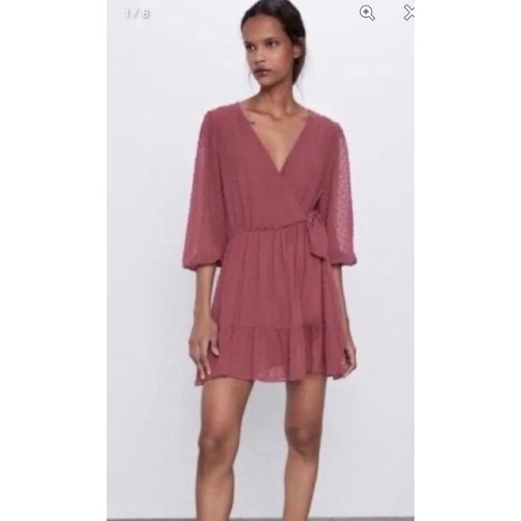 ZARA Rose Clip Dot Romper Dress women's M coquette ruffled tie flirty plunge - Picture 2 of 13